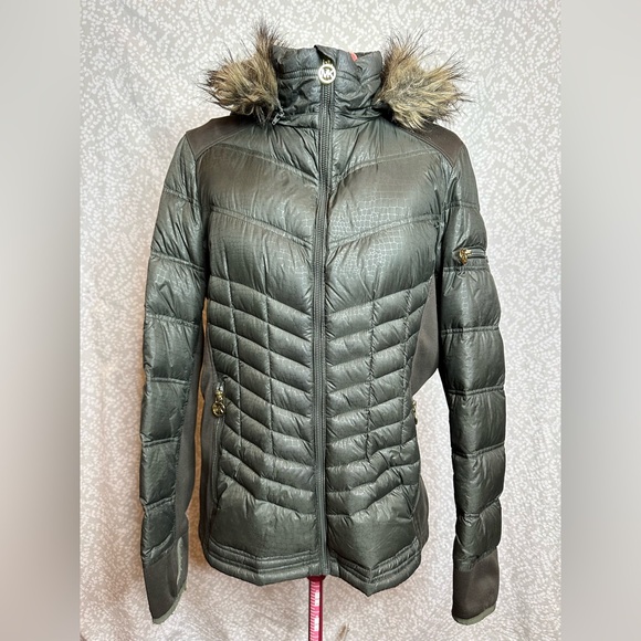 Michael Kors Packable Down Jacket with Faux Fur Hood Dark Forest Green - Picture 1 of 6